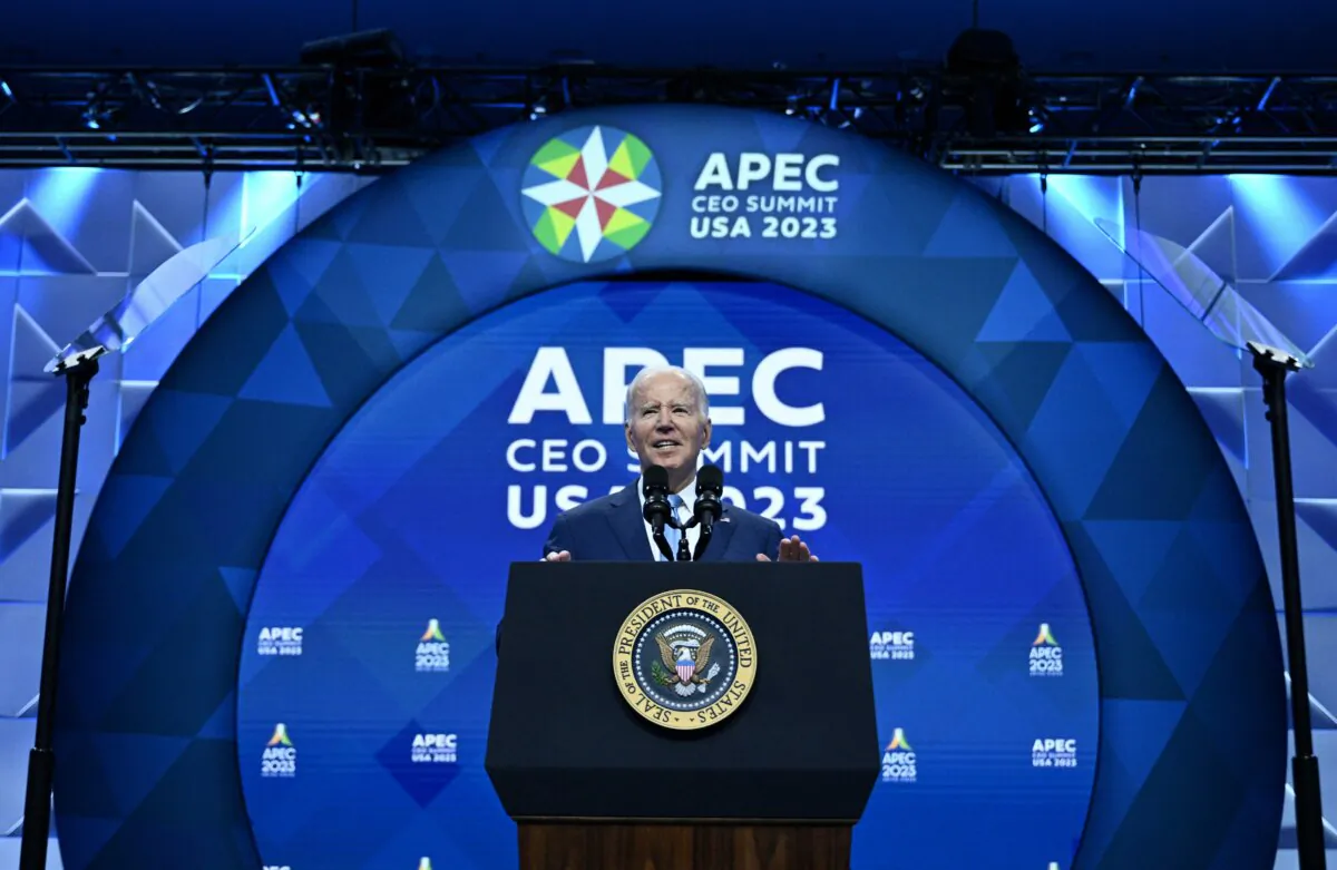 President Joe Biden delivers remarks during the CEO summit at the Asia-Pacific Economic Cooperation (APEC) Leaders' Week in San Francisco, Calif., on Nov. 16, 2023. (Brendan Smialowski/AFP via Getty Images)