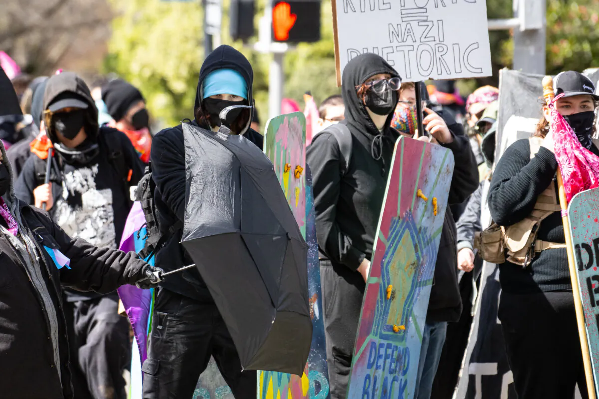 Antifa activists gather in Sacramento on March 28, 2023. (John Fredricks/The Epoch Times)