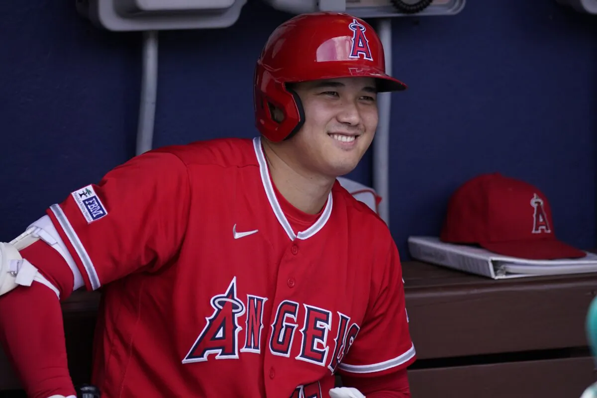 Los Angeles Angels' Shohei Ohtani smiles before a baseball game in Philadelphia on Aug. 30, 2023. (Matt Slocum/AP Photo)