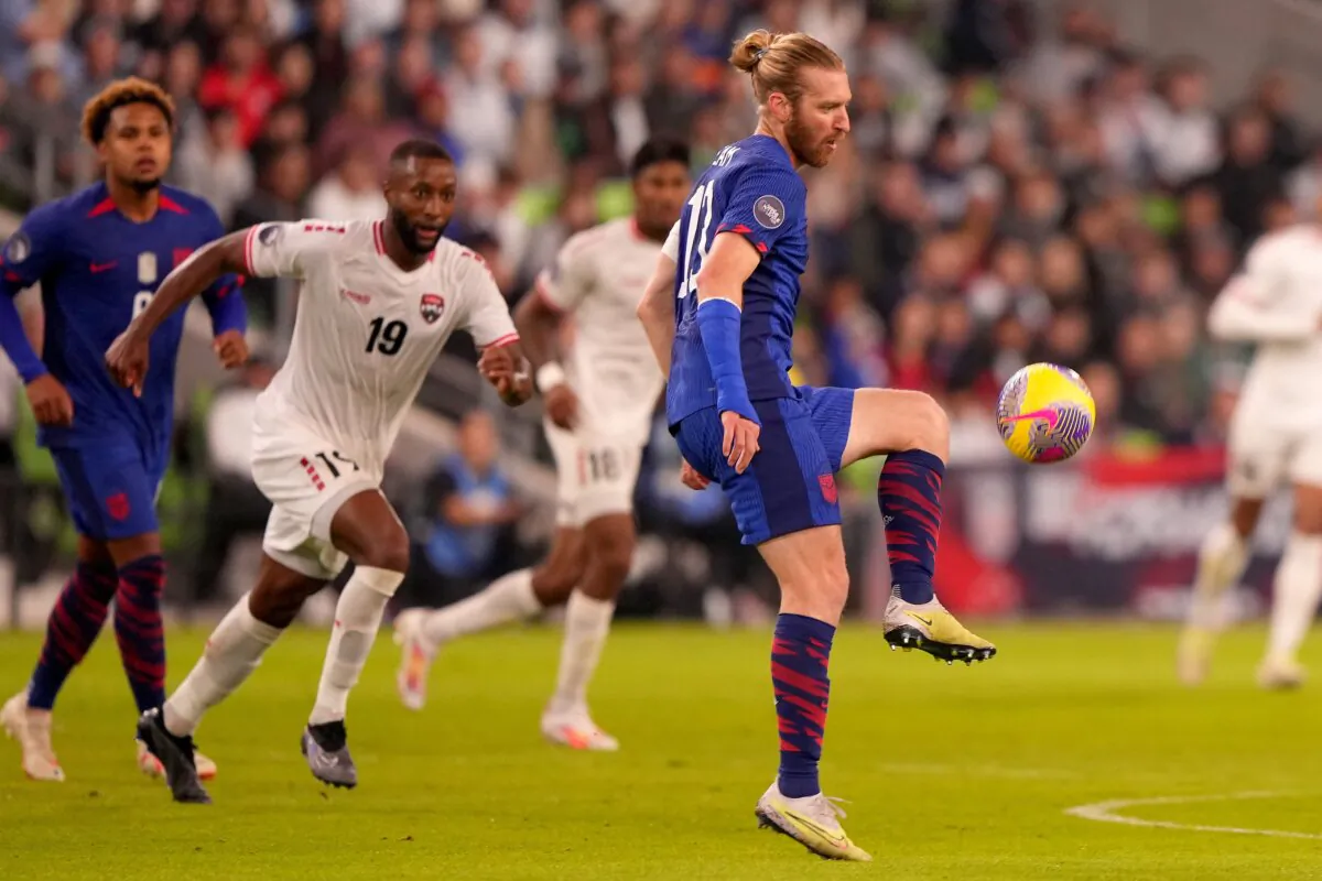 Tim Ream (13) of the United States plays the ball during the first half of a CONCACAF Nations League Quarterfinal Round leg 1 match against Trinidad and Tobago in Austin, Texas, on November 16, 2023. (Darren Carroll/Getty Images)