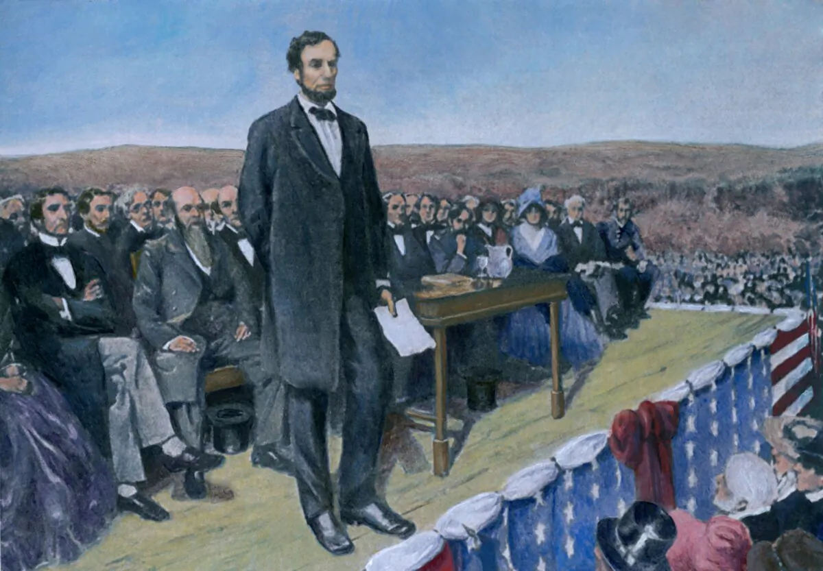 Depiction of Abraham Lincoln delivering the Gettysburg Address at the Dedication of the National Cemetery in Gettysburg, Pennsylvania, on Nov. 19, 1863. (Everett Collection/Shutterstock)