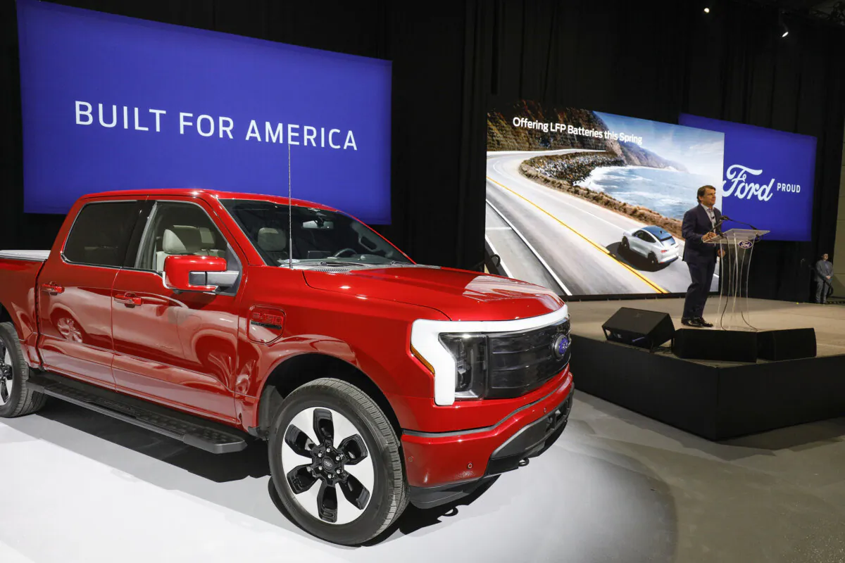 Ford CEO Jim Farley announces at a press conference that Ford Motor Company will be partnering with the world's largest battery company, a China-based company called Contemporary Amperex Technology, to create an electric vehicle battery plant in Marshall, Mich., on Feb. 13, 2023. (Bill Pugliano/Getty Images)