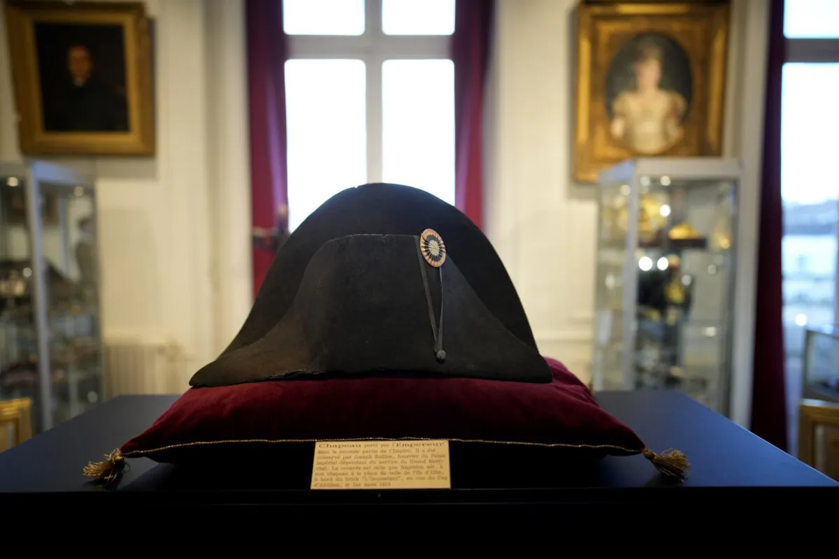 One of the signature broad, black hats that Napoléon wore when he ruled 19th century France and waged war in Europe is on display at Osenat's auction house in Fontainebleau, south of Paris on Nov. 17, 2023. (Christophe Ena/AP Photo)