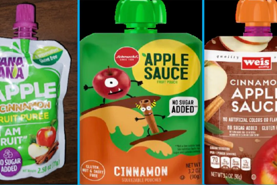 Three recalled applesauce products: WanaBana apple cinnamon fruit purée pouches, Schnucks-brand cinnamon-flavored applesauce pouches and variety pack, and Weis-brand cinnamon applesauce pouches. (FDA via AP)