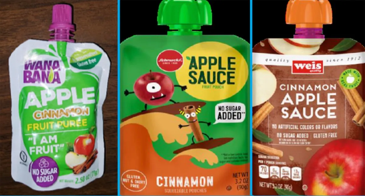 Three recalled applesauce products—WanaBana apple cinnamon fruit puree pouches, Schnucks-brand cinnamon-flavored applesauce pouches and variety pack, and Weis-brand cinnamon applesauce pouches. (FDA via AP)