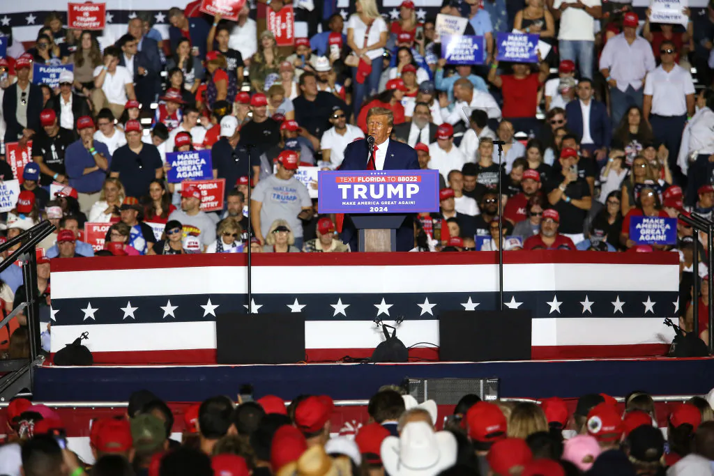 Former U.S. President Donald Trump delivers remarks during a rally at The Ted Hendricks Stadium at Henry Milander Park in Hialeah, Fla., on Nov. 8, 2023. (Alon Skuy/Getty Images)