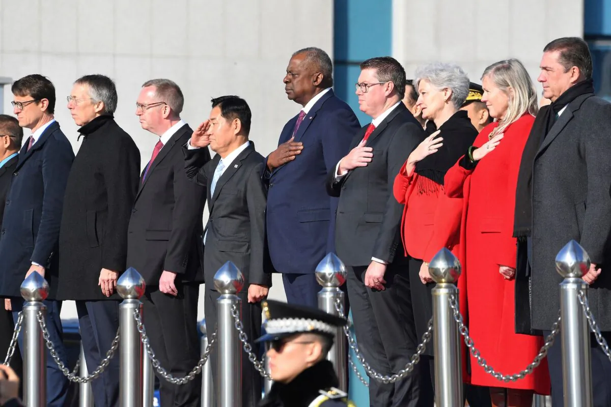U.S. Secretary of Defense Lloyd Austin (5th R) and South Korean Defence Minister Shin Won-sik (4th L) attend a welcome ceremony before their defence ministerial meeting of the South Korea-United Nations Command (UNC) member nations at the Defence Ministry in Seoul on Nov. 14, 2023. (Song Kyung-Seok/AFP via Getty Images)