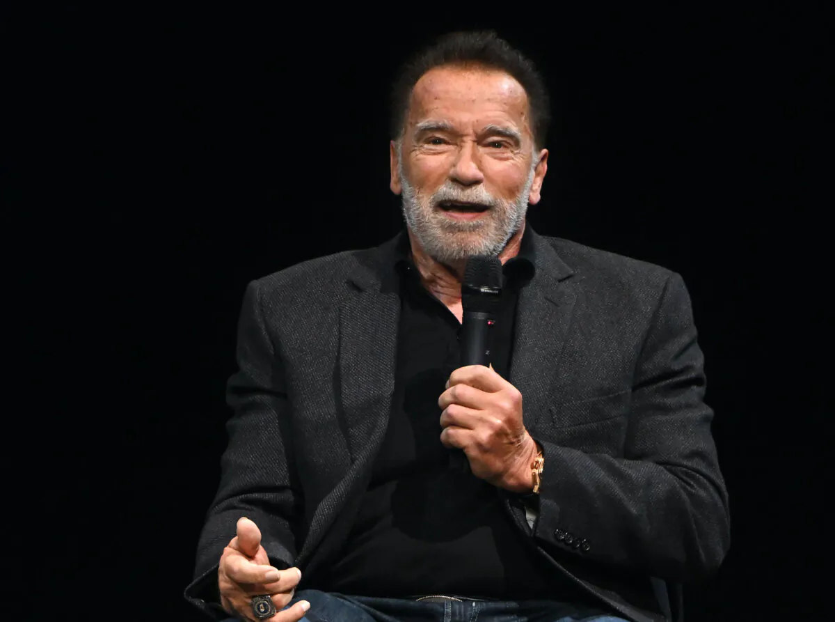 Arnold Schwarzenegger speaks onstage at an event in London, England, on Oct. 24, 2023. (Jeff Spicer/Getty Images for Fane)