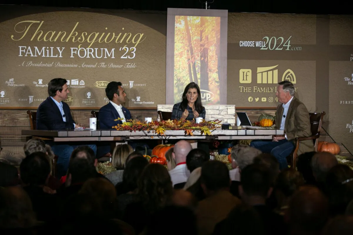 2024 Republican Presidential Candidates Florida Governor Ron DeSantis, Vivek Ramaswamy, and Nikki Haley speak with President and CEO of The Family Leader Bob Vander Plaats at the Thanksgiving Family Forum at the downtown Marriott in Des Moines, Iowa, on Nov. 17, 2023. (Jim Vondruska/Getty Images)