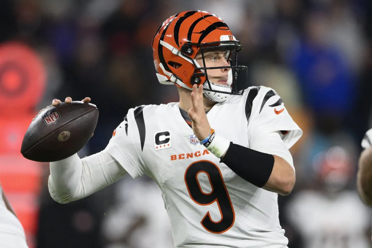 Cincinnati Bengals quarterback Joe Burrow (9) looks to pass in the first half of an NFL football game against the Baltimore Ravens in Baltimore on Nov. 16, 2023. (Nick Wass/AP Photo)