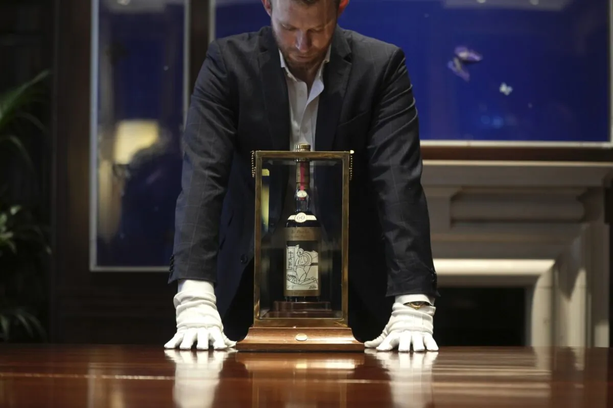 A bottle of Macallan Adami 1926 whisky on display during a media preview at Sotheby's auction house in London on Oct. 19, 2023. (Kin Cheung/AP Photo)