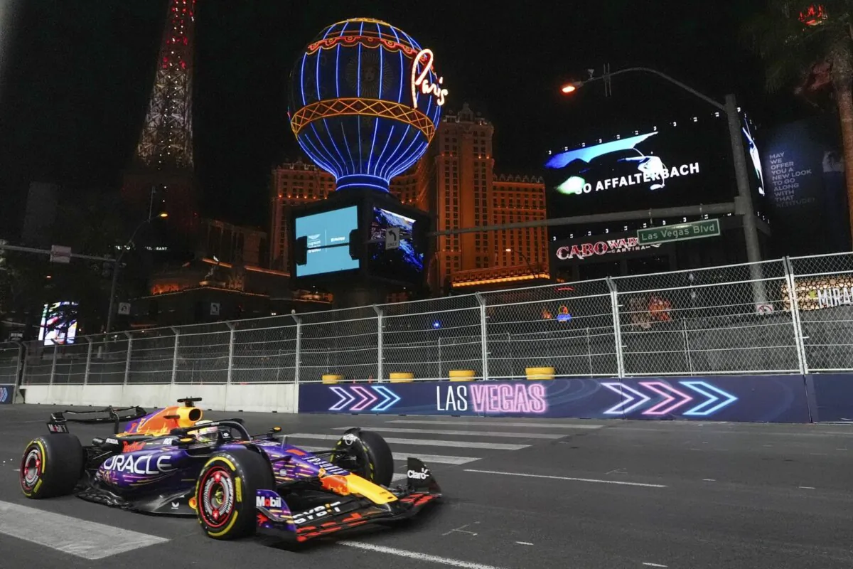 Red Bull driver Max Verstappen, of the Netherlands, drives during the second practice session for the Formula One Las Vegas Grand Prix auto race in Las Vegas on Nov. 17, 2023. (AP Photo/Nick Didlick)