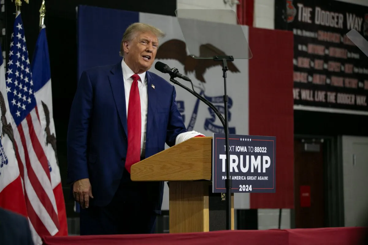 Former President Donald Trump speaks to a crowd of supporters at the Fort Dodge Senior High School in Fort Dodge, Iowa, on Nov. 18, 2023. (Jim Vondruska/Getty Images)