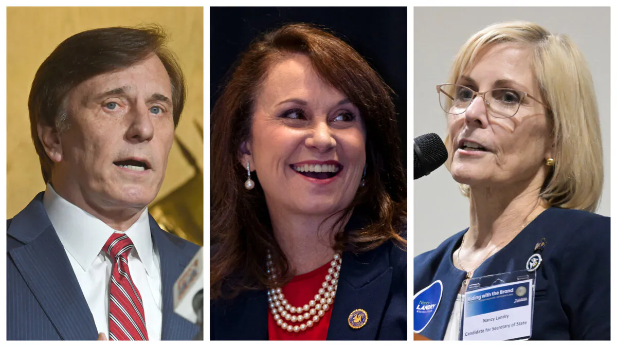 (Left) John Fleming, a candidate for Secretary of State, in Baton Rouge, La., on Aug. 8, 2023. (Center) Attorney General candidate Liz Murrill takes part in a forum in Baton Rouge, La., on April 26, 2023. (Right) Nancy Landry, candidate for Louisiana Secretary of State, in Shreveport, La., on Sept. 19, 2023. (Patrick Dennis, Travis Spradling, Jill Pickett/The Advocate via AP)
