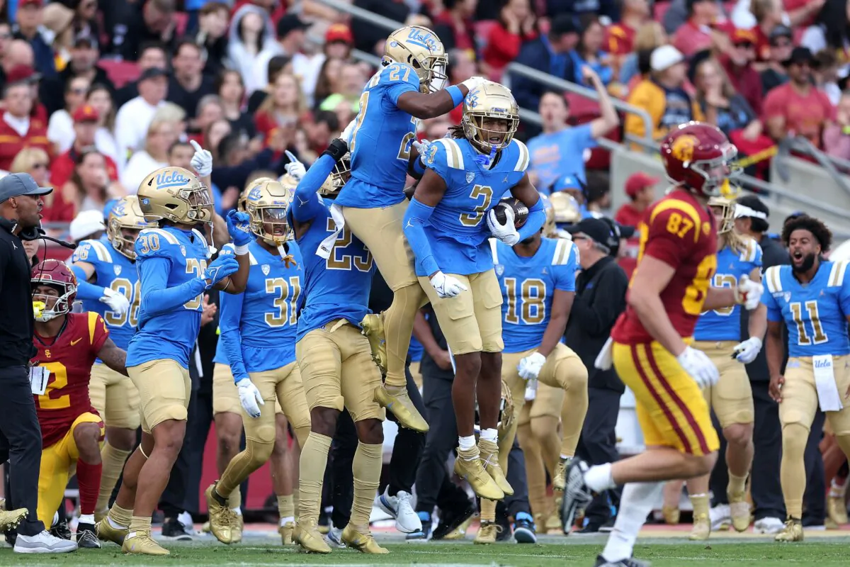 Devin Kirkwood (3) of the UCLA Bruins reacts after intercepting a pass play during the first half of a game against the USC Trojans in Los Angeles on Nov. 18, 2023. (Sean M. Haffey/Getty Images)