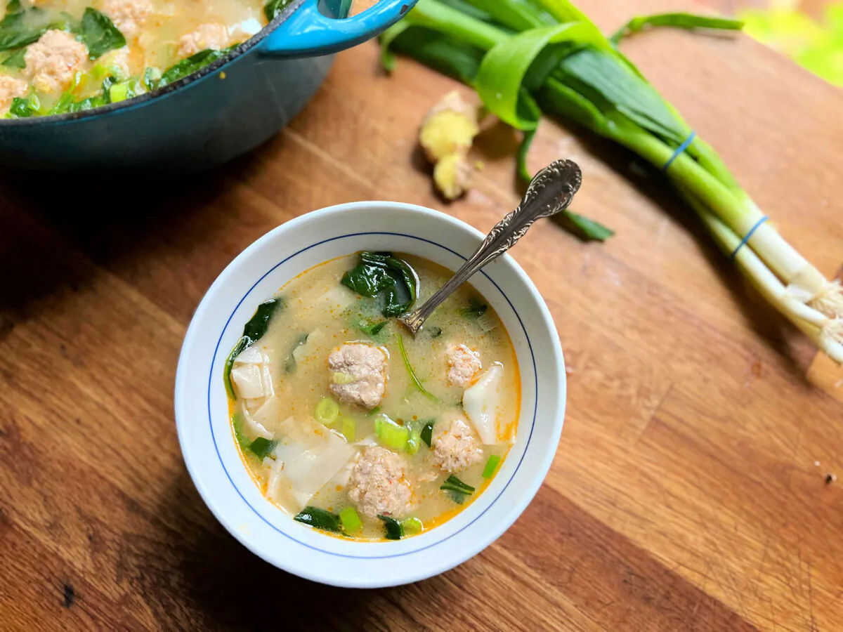 This deconstructed wonton soup with pork meatballs takes less than 20 minutes to prepare. (Gretchen McKay/Pittsburgh Post-Gazette/TNS)