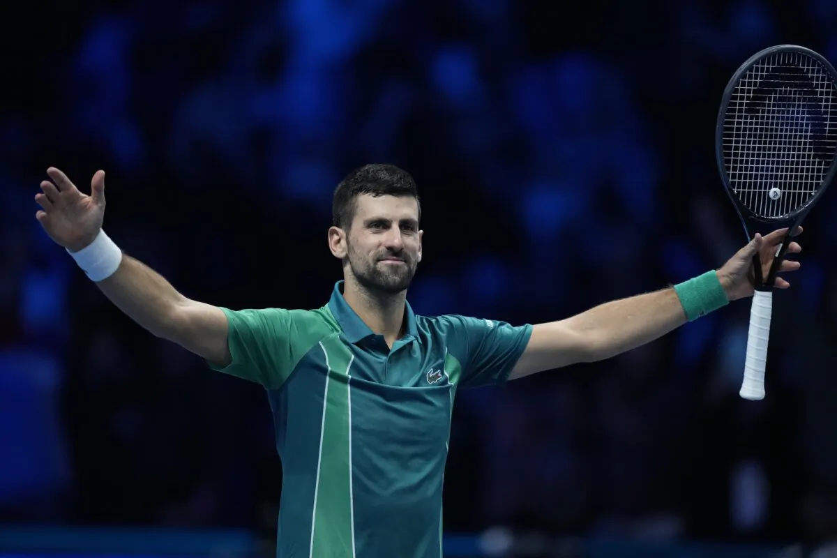 Serbia's Novak Djokovic celebrates after winning the singles final tennis match of the ATP World Tour Finals at the Pala Alpitour in Turin, Italy, on Nov. 19, 2023. (Antonio Calanni/AP Photo)