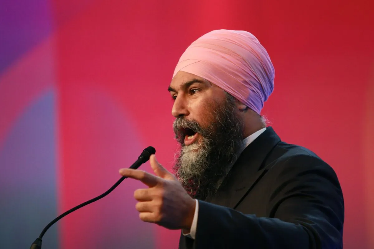 Federal New Democrat leader Jagmeet Singh speaks to delegates on the final day of the B.C. NDP convention at the Victoria Conference Centre in Victoria, B.C., on Nov. 19, 2023. (The Canadian Press/Chad Hipolito)
