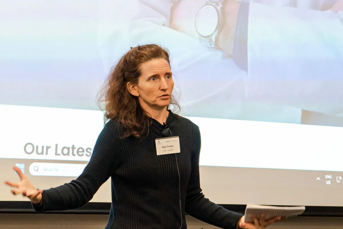 Professor of Economics at UNSW Gigi Foster at the Australians for Science and Freedom (ASF) Conference 2023 in Sydney, Australia on Nov. 18, 2023. (Wade Zhong/The Epoch Times)