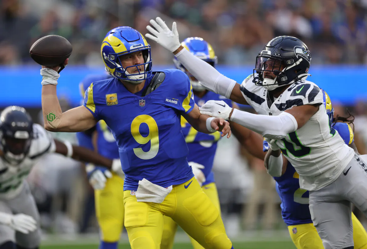 Matthew Stafford of the Los Angeles Rams throws under pressure against the Seattle Seahawks in Inglewood, Calif., on Nov. 19, 2023. (Sean M. Haffey/Getty Images)