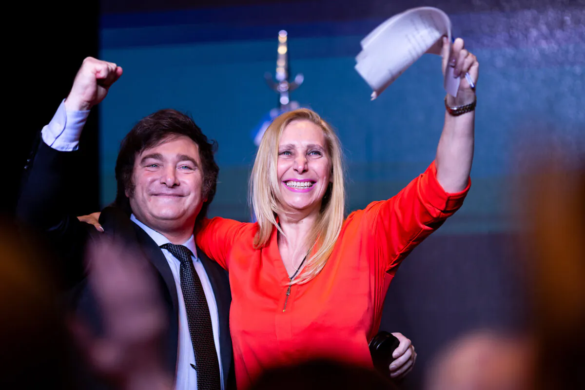 Newly elected President of Argentina Javier Milei of La Libertad Avanza celebrates with his sister Karina Milei after the polls closed in the presidential runoff in Buenos Aires, Argentina, on Nov. 19, 2023. (Tomas Cuesta/Getty Images)