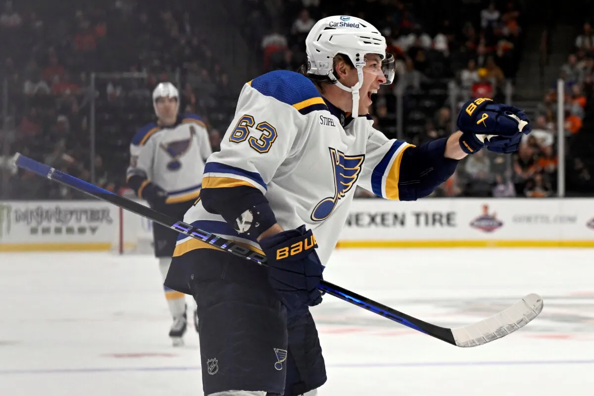 St. Louis Blues left wing Jake Neighbours reacts after scoring against the Anaheim Ducks during the first period of an NHL hockey game in Anaheim, Calif., on Nov. 19, 2023. (Alex Gallardo/AP Photo)