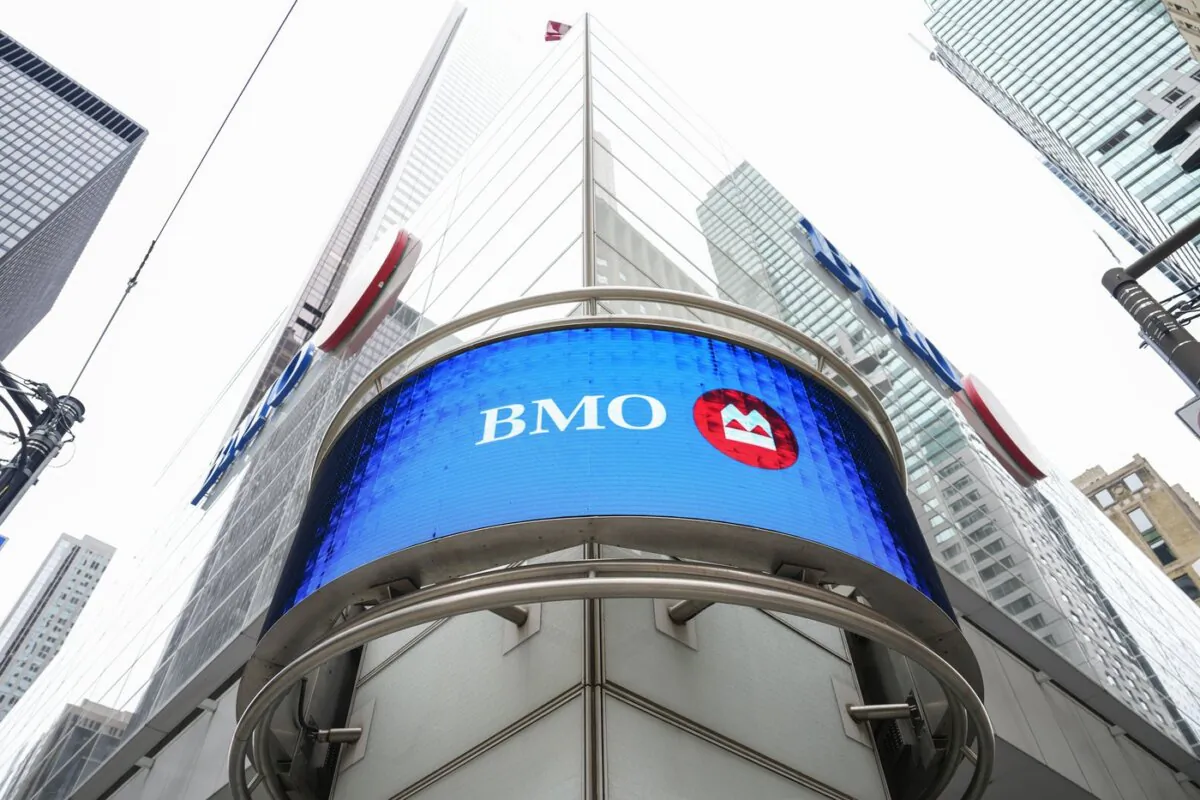 Bank of Montreal signage is pictured in the financial district in Toronto, on Sept. 8, 2023. (The Canadian Press/Andrew Lahodynskyj)