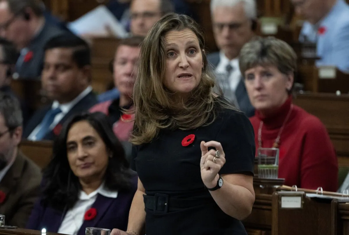 Finance Minister Chrystia Freeland rises during Question Period, in Ottawa, on Nov. 7, 2023. (The Canadian Press/Adrian Wyld)