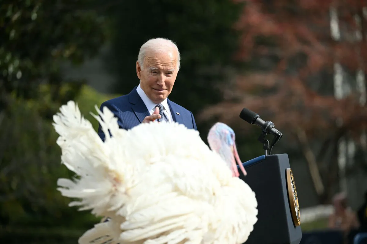 President Joe Biden pardons the national Thanksgiving turkey, Liberty, during a pardoning ceremony at the White House on Nov. 20, 2023. (Mandel Ngan/AFP via Getty Images)