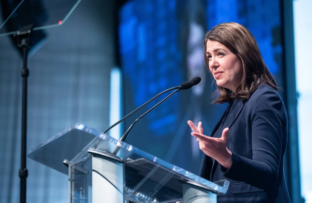 Alberta Premier Danielle Smith gives the state of the province address in Edmonton on Oct. 25, 2023. (The Canadian Press/Jason Fransson)