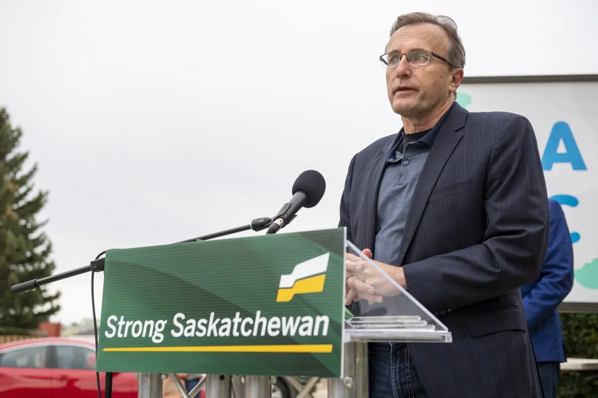 Finance Minister Jim Reiter speaks at a media event at the Saskatoon Autism Behavioural Analysis Treatment Centre in Saskatoon on Oct. 6, 2020. (The Canadian Press/Liam Richards)