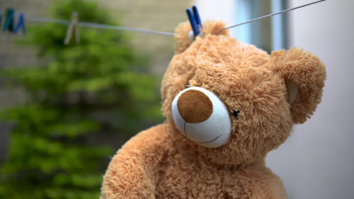 A stuffed animal hangs out to dry after being washed in the dishwasher—a clever trick shared by one of Mary Hunt's readers. (Vital9s/Shutterstock)