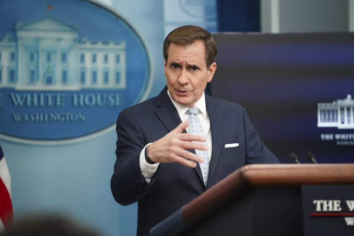National Security Council Coordinator for Strategic Communications John Kirby speaks during a press briefing at the White House in Washington on Nov. 20, 2023. (Madalina Vasiliu/The Epoch Times)