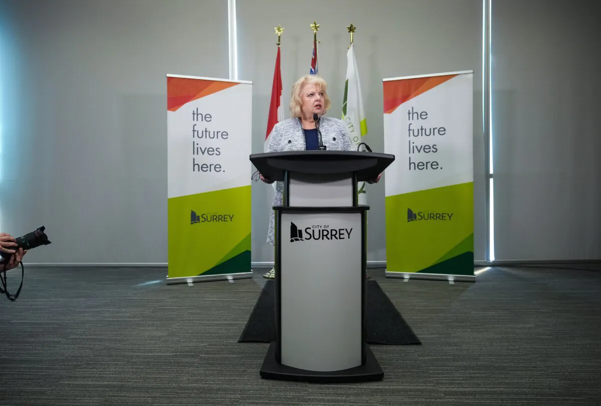 Surrey Mayor Brenda Locke speaks during a news conference about the city's municipal police force transition, in Surrey, B.C., on April 28, 2023. (The Canadian Press/Darryl Dyck)