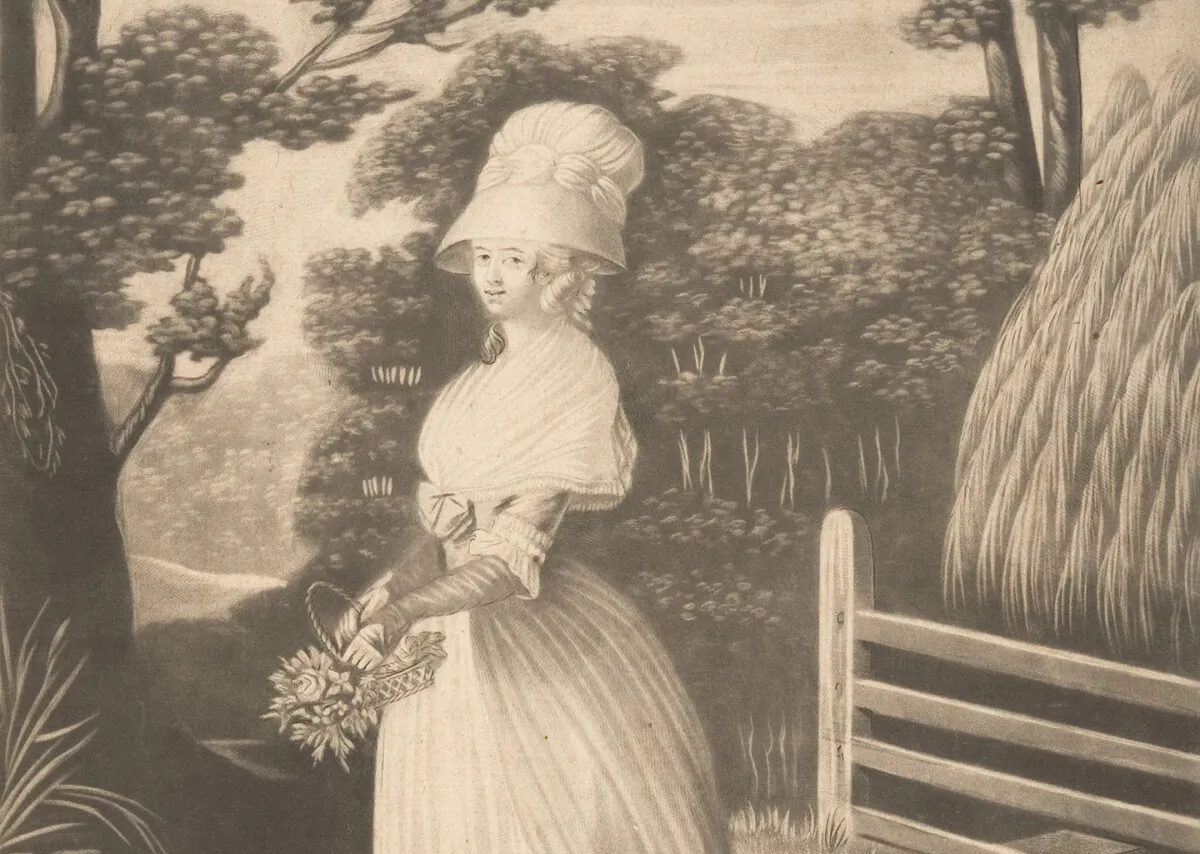Detail of "The Fair Quaker," 1787, by 18th-century artist. Mezzotint print. The Metropolitan Museum of Art, New York City. (Public Domain)