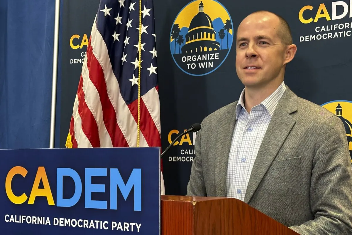 California Democratic Party Chairman Rusty Hicks speaks at a news conference in Sacramento, Calif., on Nov. 17, 2023. (AP Photo/Adam Beam)