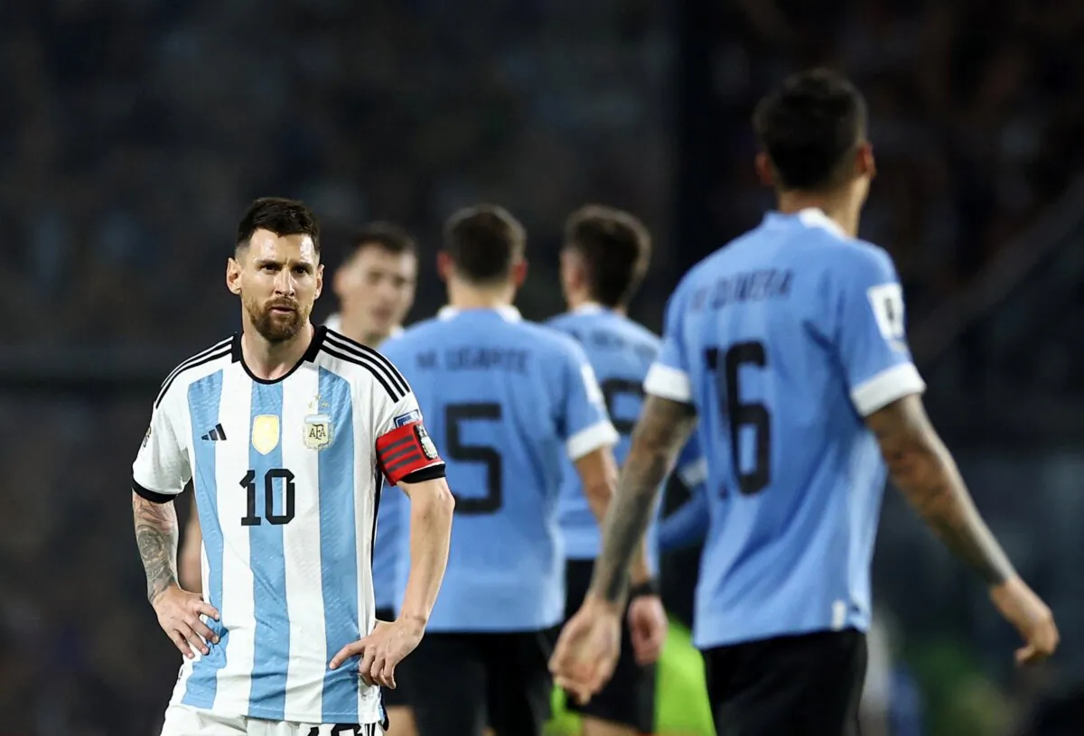 Argentina's Lionel Messi looks dejected after the match of Argentina vs Uruguay, South American Qualifiers Buenos Aires, in Estadio La Bombonera, Argentina, on Nov. 16, 2023. (Agustin Marcarian/Reuters)