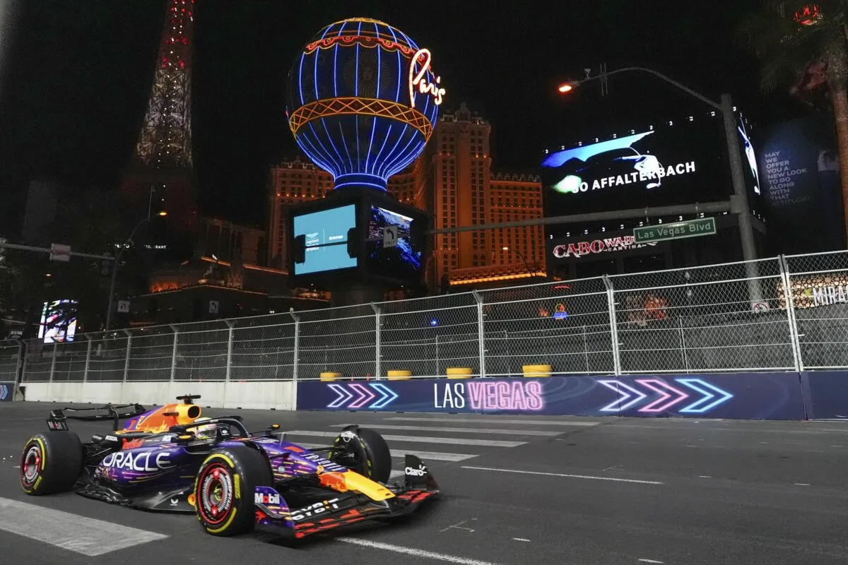 Red Bull driver Max Verstappen, of the Netherlands, drives during the second practice session for the Formula One Las Vegas Grand Prix auto race in Las Vegas on Nov. 17, 2023. (Nick Didlick/AP Photo)