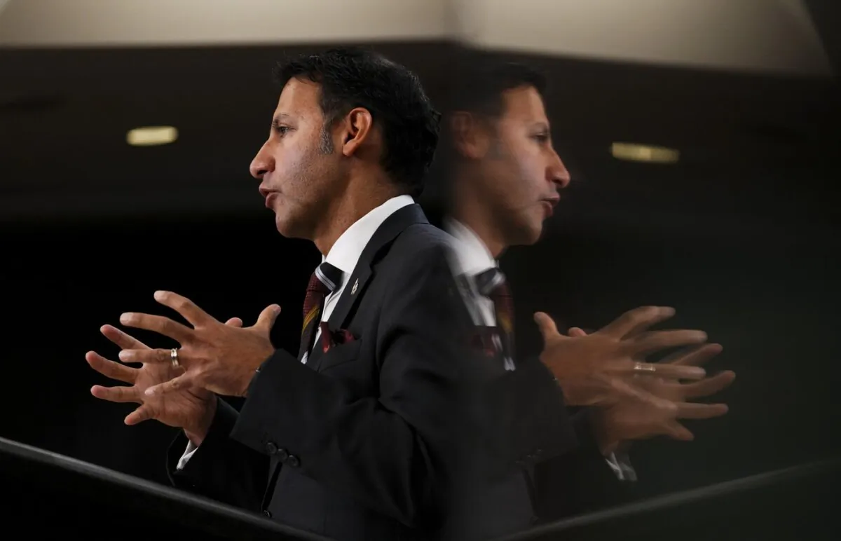 Justice Minister Arif Virani holds a press conference at the National Press Theatre in Ottawa on Oct. 5, 2023. (The Canadian Press/Sean Kilpatrick)