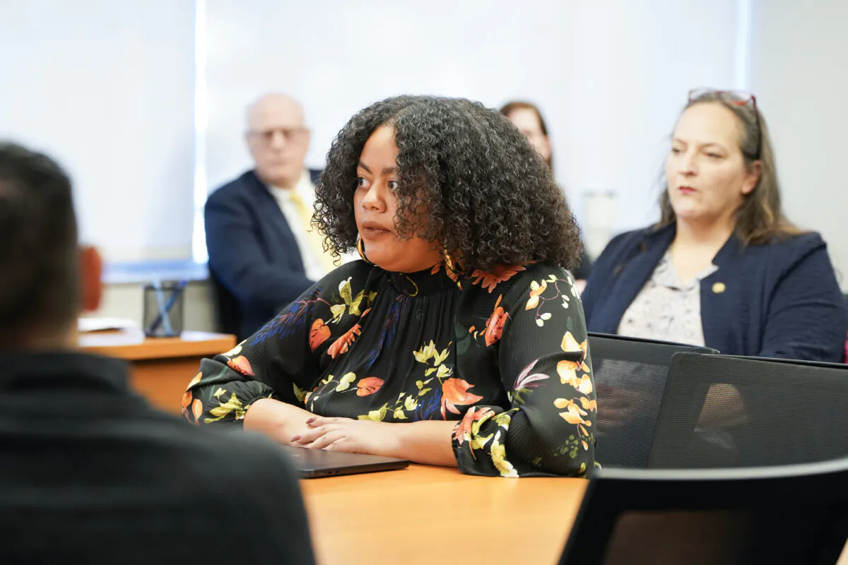 Orange County Legislator Genesis Ramos speaks during a special legislative committee meeting in Goshen, N.Y., on Nov. 21, 2023. (Cara Ding/The Epoch Times)