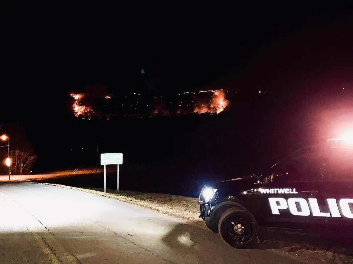 A fire started over the weekend burned near Whitwell, Tenn., on Nov. 20, 2023. (Whitwell Tennessee Police Department)