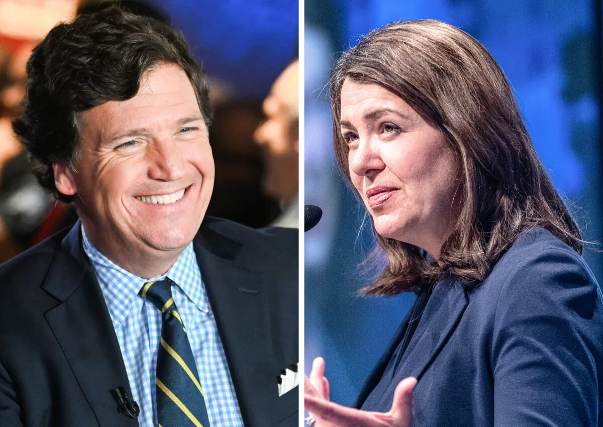 Media personality Tucker Carlson (L) and Alberta Premier Danielle Smith. (Jason Koerner/Getty Images; Jason Fransson/The Canadian Press)