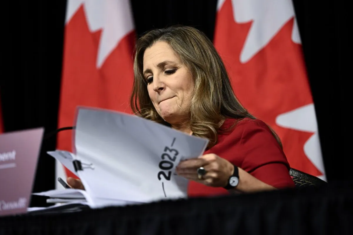 Minister of Finance Chrystia Freeland arrives at a news conference before the tabling of the Fall Economic Statement, in Ottawa, on Nov. 21, 2023. (The Canadian Press/Justin Tang)