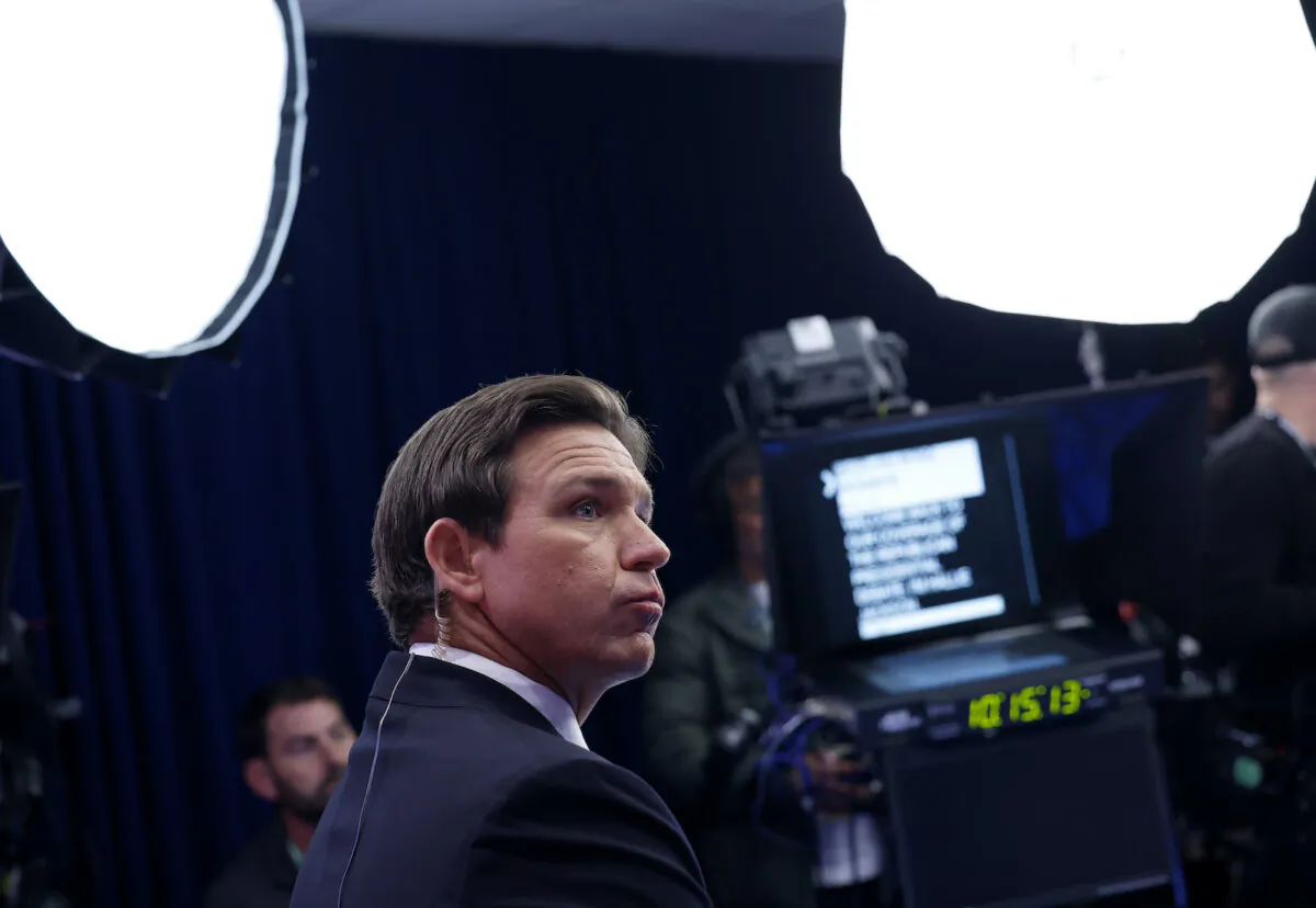 Republican presidential candidate Florida Gov. Ron DeSantis speaks to reporters in the spin room following the NBC News Republican Presidential Primary Debate at the Adrienne Arsht Center for the Performing Arts of Miami-Dade County on Nov. 8, 2023. (Anna Moneymaker/Getty Images)