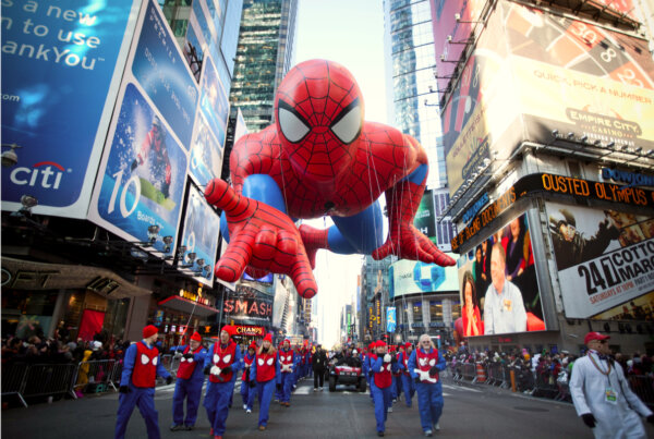 The Spiderman balloon makes its way through Times Square in Macy's Thanksgiving Day parade on November 24, 2011. (Michael Nagle/Getty Images)