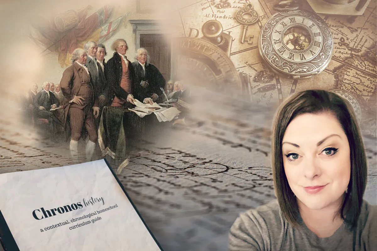Holly Metesh, 38, has put together “Chronos,” a curriculum guide for teaching history to kids. (Triff and Aris-Tect Group/Shutterstock and Public Domain; Courtesy of Holly Metesh)