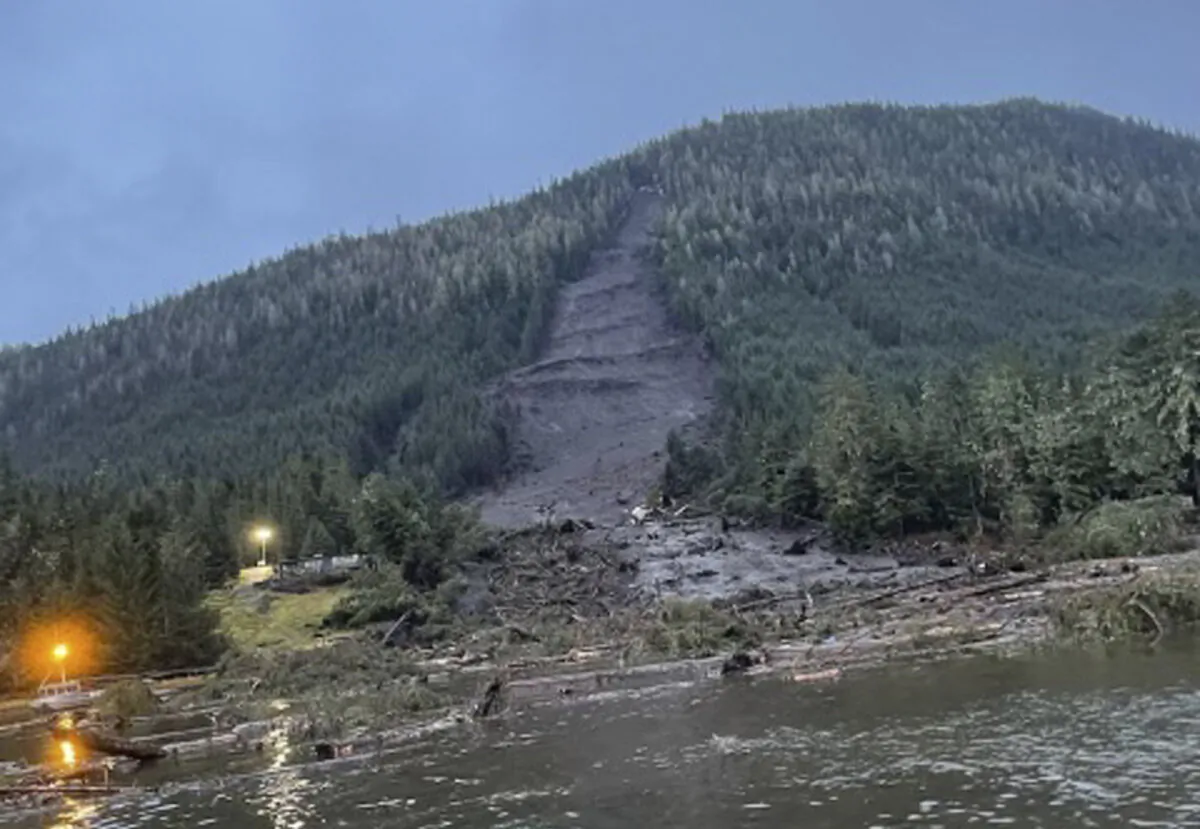 The landslide that occurred the previous evening near Wrangell, Alaska, on Nov. 21, 2023. (Alaska Department of Public Safety via AP)