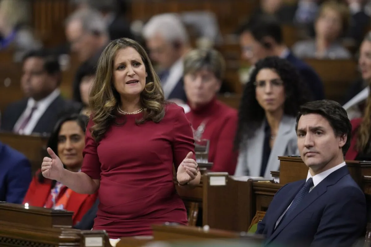 Minister of Finance Chrystia Freeland speaks in the House of Commons after she delivered the 2023 Fall Economic Statement in the House of Commons in Ottawa, on Nov. 21, 2023. (The Canadian Press/Adrian Wyld) 