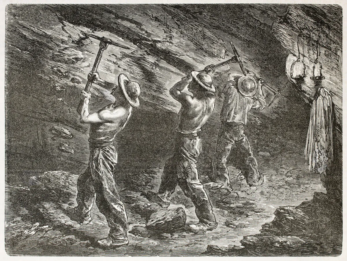 Coal miners at work. Created by Mesnel, published on Le Tour du Monde, Paris, 1867. (Marzolino/Shutterstock)