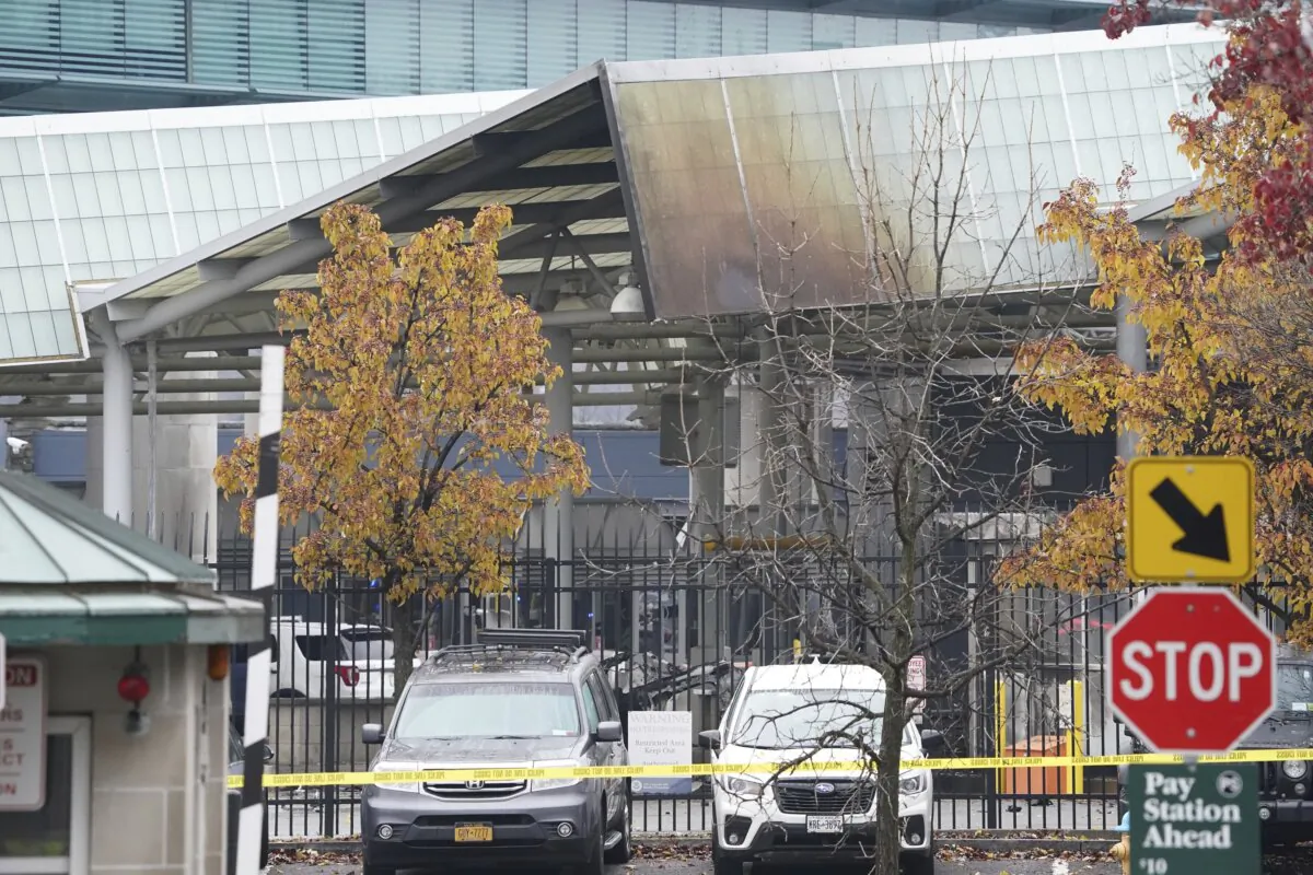 Fire damage is visible to the customs plaza structure at the Rainbow Bridge border crossing in Niagara Falls, N.Y., on Nov. 22, 2023. (Derek Gee/The Buffalo News via AP)